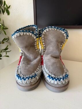 Mou Gray Suede Whipstitch Ankle Boots with Multicolor Stitching